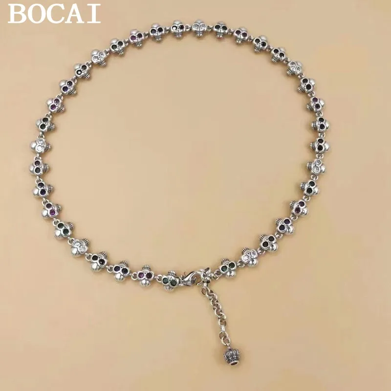 

BOCAI NEW S925 Sterling Silver Hip-hop Fashion Colored Diamonds Skull Collarbone Chain For Women