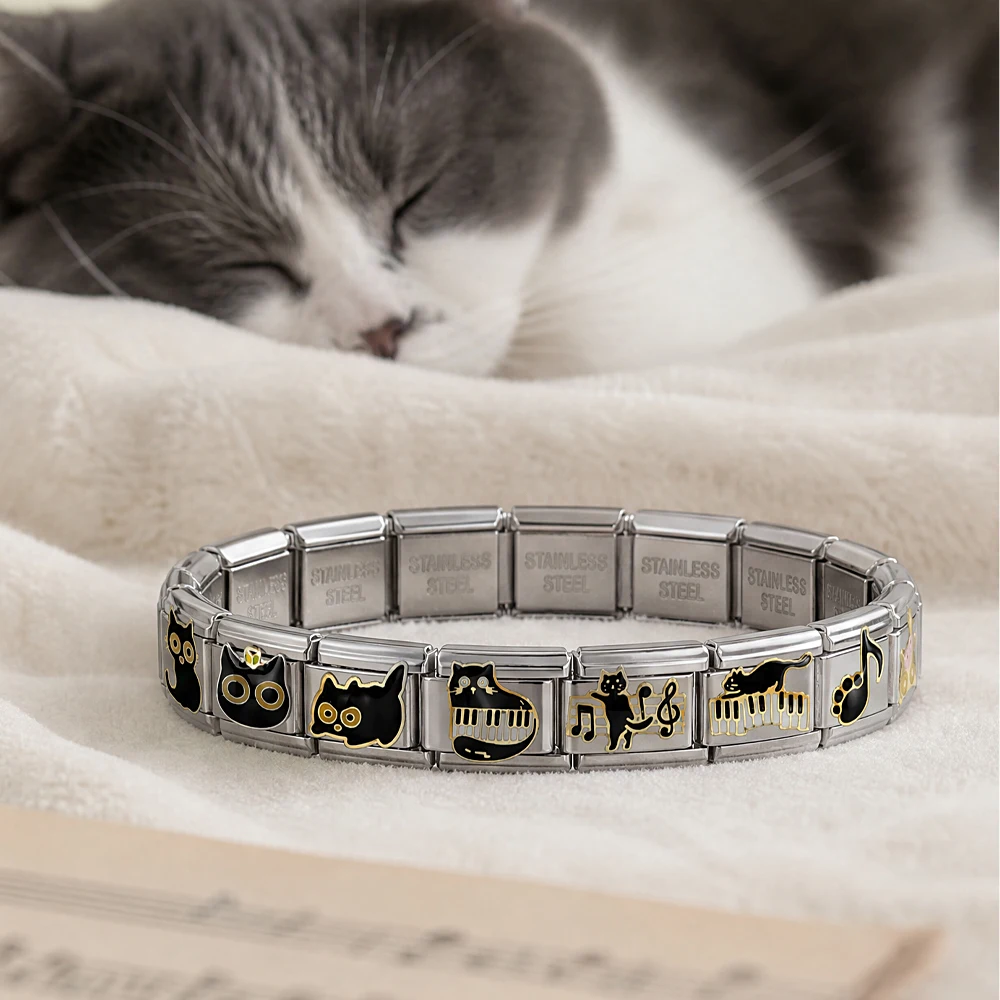 GEMOSA Armband mit Klaviermuster, Musik- und Katzenmotiv, für Damen und Herren, aus Edelstahl, italienische Charms, passend für 9-mm-Perlen, zum Selbermachen von Schmuck. – Detail 2