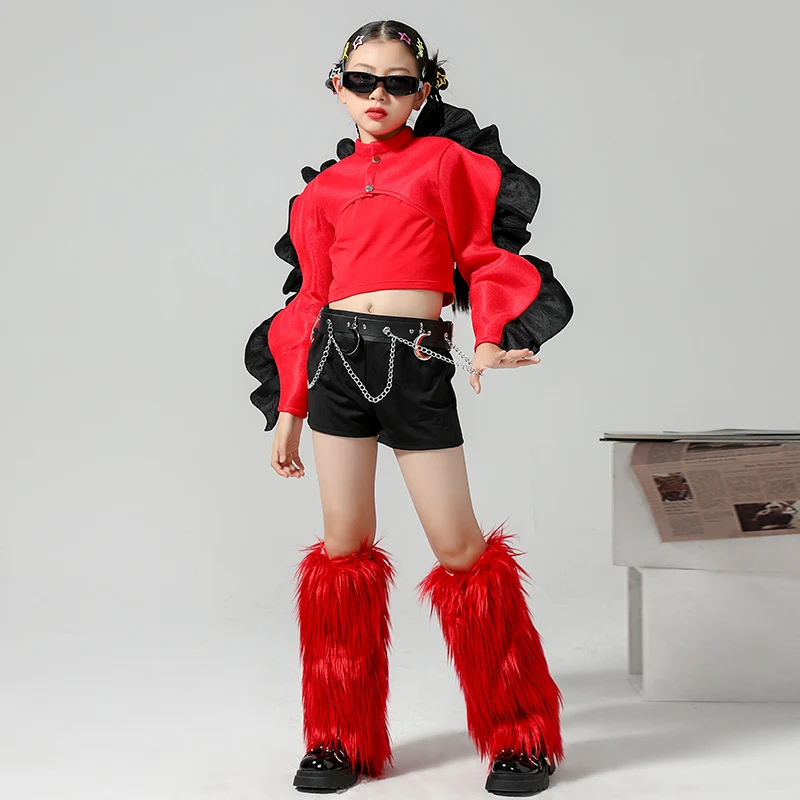 2023 New Jazz Modern Dance Costumes Red Epaulet Crop Tops Shorts Suit For Girls Hip Hop Dance Performance Stage Wear DQS14755