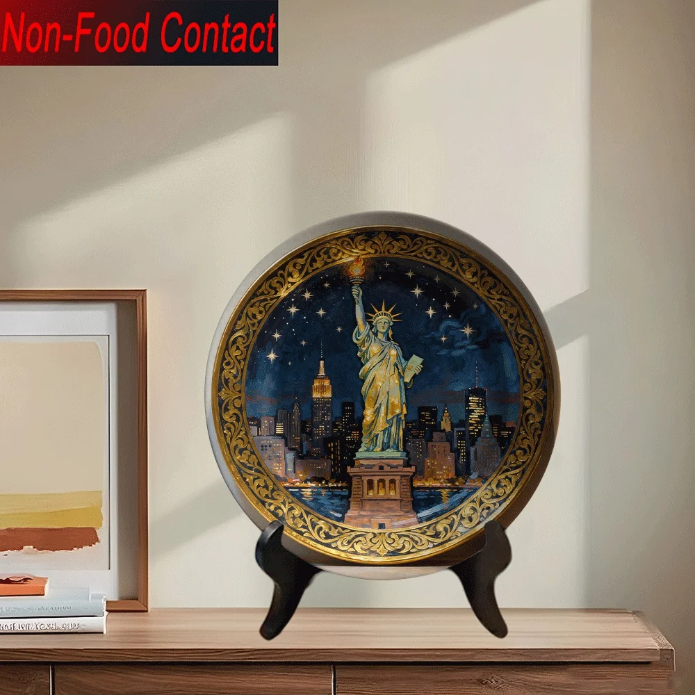 1pc Ceramic Statue of Liberty New York Night Skyline Decorative Plate - Round Non-Food Contact Ornamental Plate for Home,