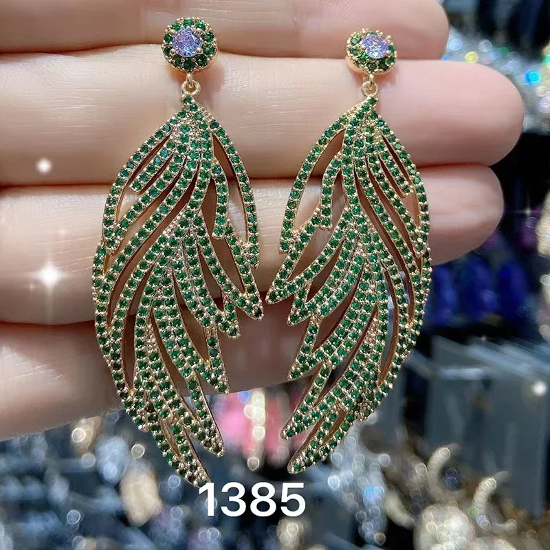 Big Green Leaf Dangle Earrings for Women  Cubic Zirconia Luxury Jewelry Wedding Bridal Party Siliver Color Leaves Earrings