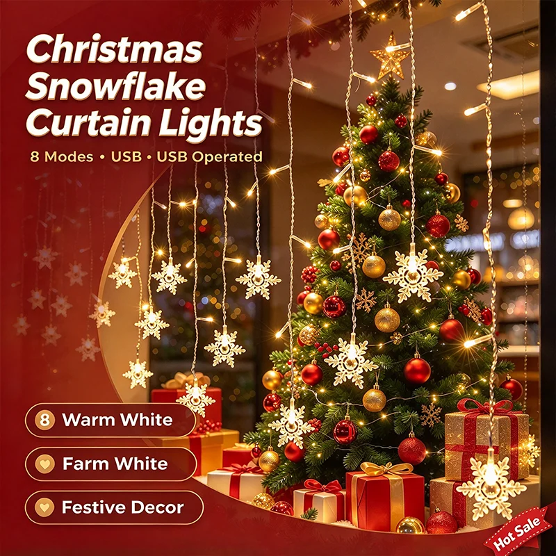USB LED Snowflake Curtain Lamp 8 Mode Xmas Fairy Curtain String Lights for Holiday Party Wedding Christmas Halloween Decoration