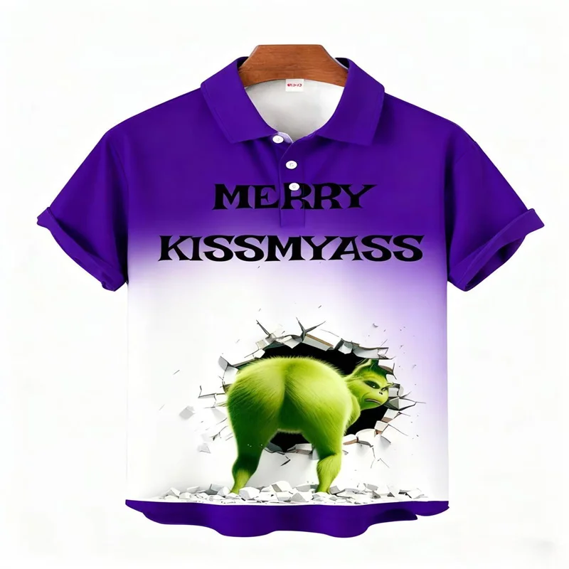 2025Merry Kissmyass Fun Christmas Green قميص قصير الأكمام مطبوع قميص بولو عصري ومريح