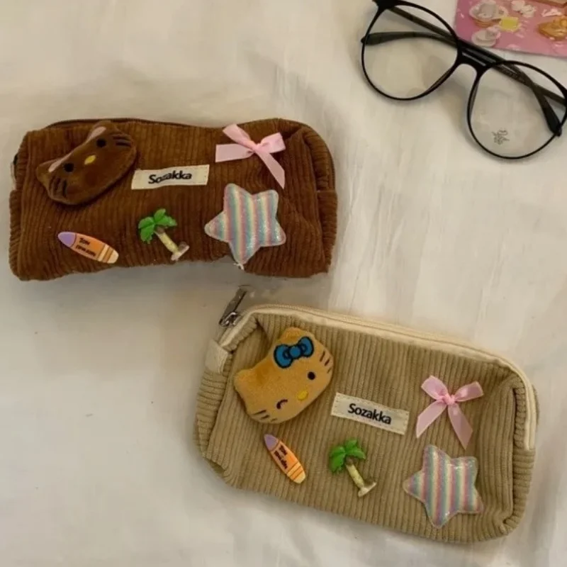 

Sanrio Hello Kitty Student Pen Case Hawaii Black Skin Cartoon Corduroy Cosmetic Bag Creative Zipper Storage Bag Girl Decorate