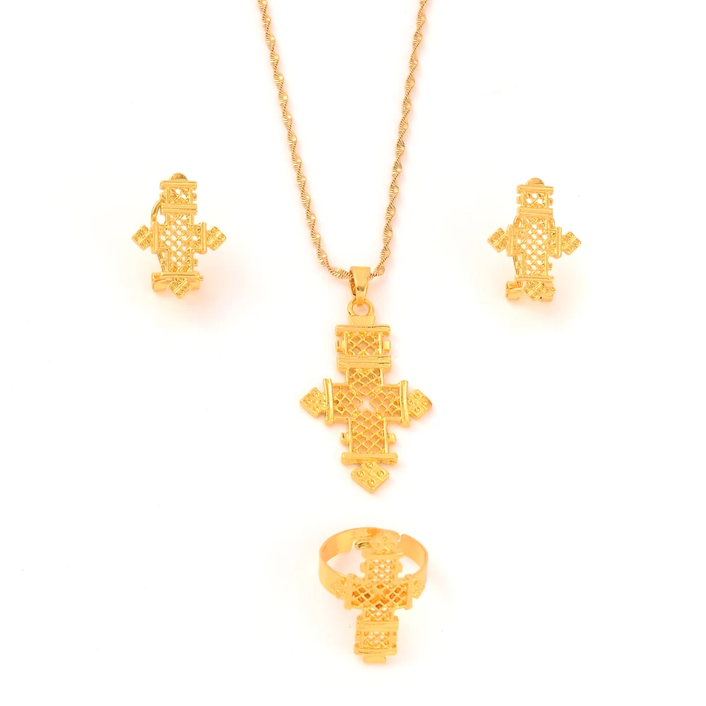 Hot Ethiopian Jewelry Sets Coptic Crosses Pure Gold Color Sets Nigeria Eritrea Kenya Habesha style