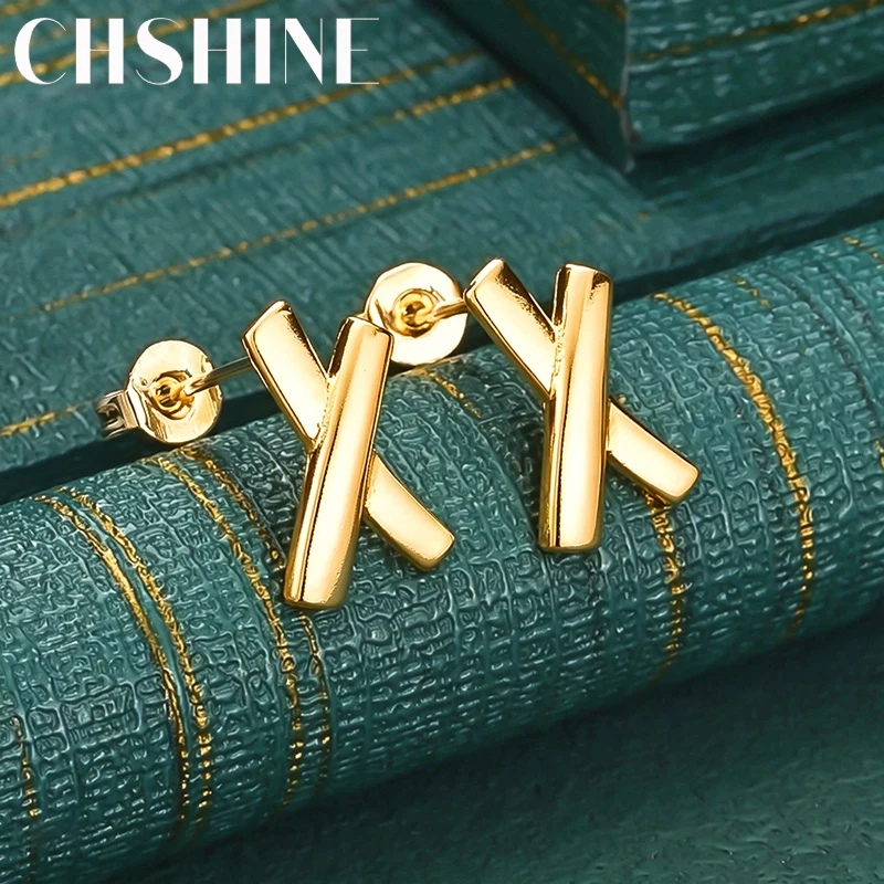 925 Sterling Silver 18K Gold Cross X Shape Stud Earrings for Women Fashion Wedding Party Jewelry