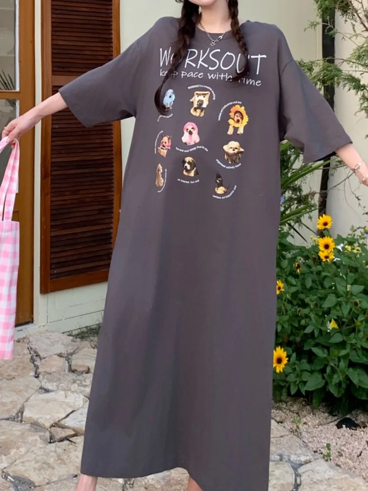 Oversize ฤดูร้อนพิมพ์การ์ตูน T เสื้อชุดยาวผู้หญิงเกาหลีแฟชั่นแขนสั้นหลวมชุดผู้หญิงสุภาพสตรีชุด Vestidos