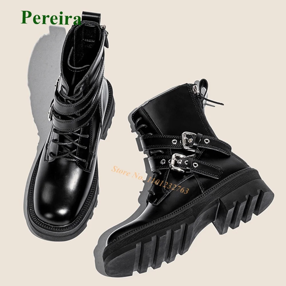 

Lace Up Buckle Boots Black Round Toe Leather Glossy Height Increasing Cross Tied Back Zipper Winter Women's Boots Newest