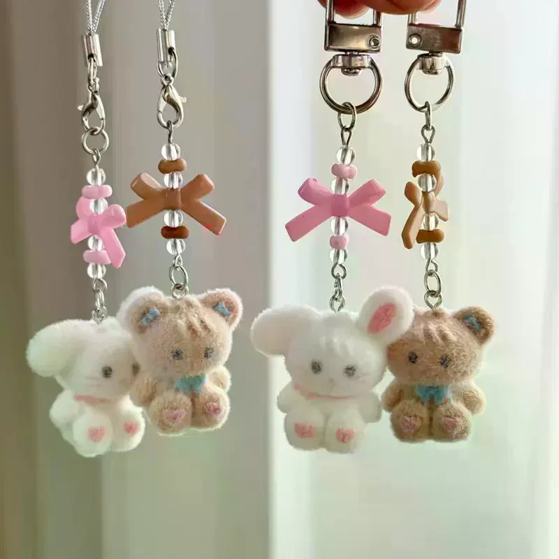 Flocking Cartoon Keychain Cute Animal Pendant Bag Decoration Keyring Phone Chain Lanyard
