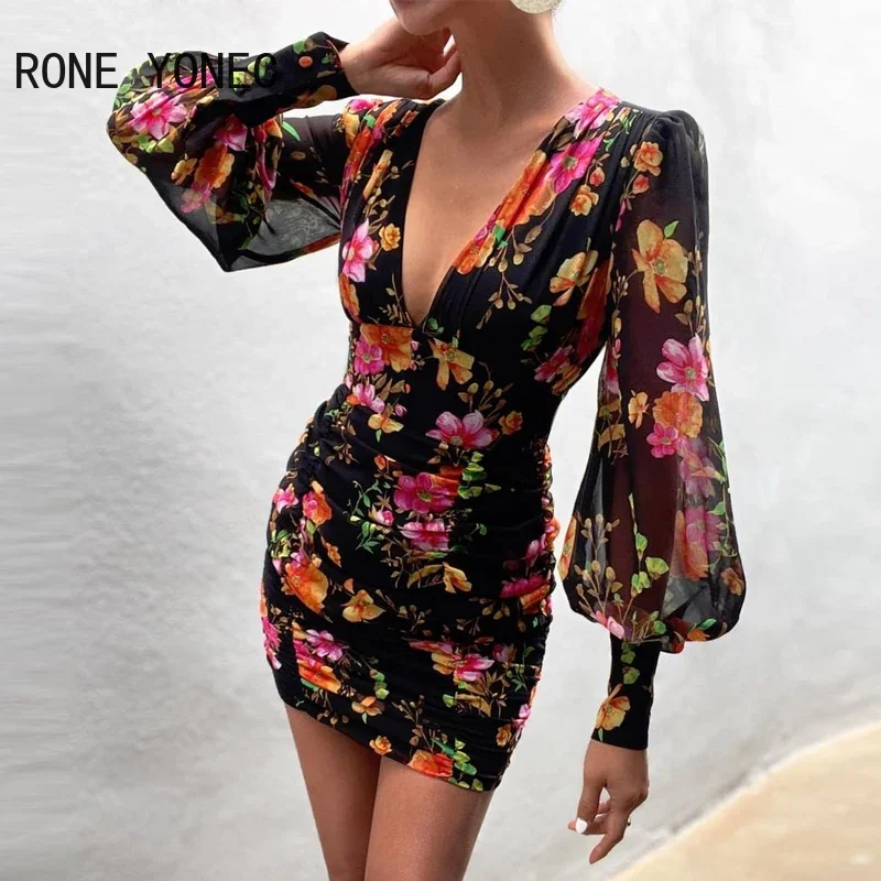 Women Floral Print V-neck Lantern Sleeve Tight Waist Dress Vacation Dress 2021