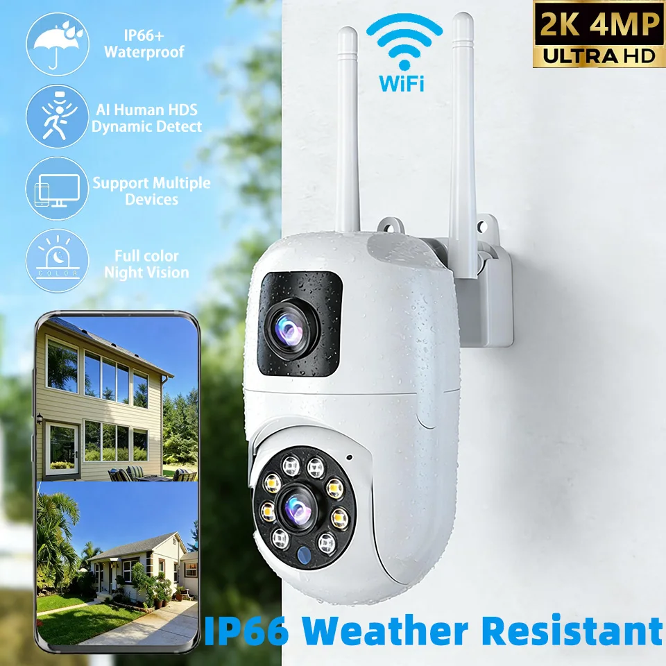 

2K/4MP камера видеонаблюдения с двойным объективом AI отслеживание обнаружения человека IP66 водонепроницаемая цветная камера ночного видения