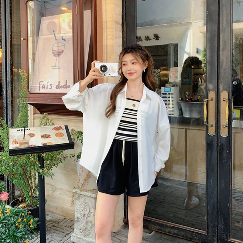 الحلوى اللون الحلو رقيقة قمصان النساء ربيع الخريف المتخصصة تصميم عصري زر قمم Ins نمط فضفاض رفض طوق قميص