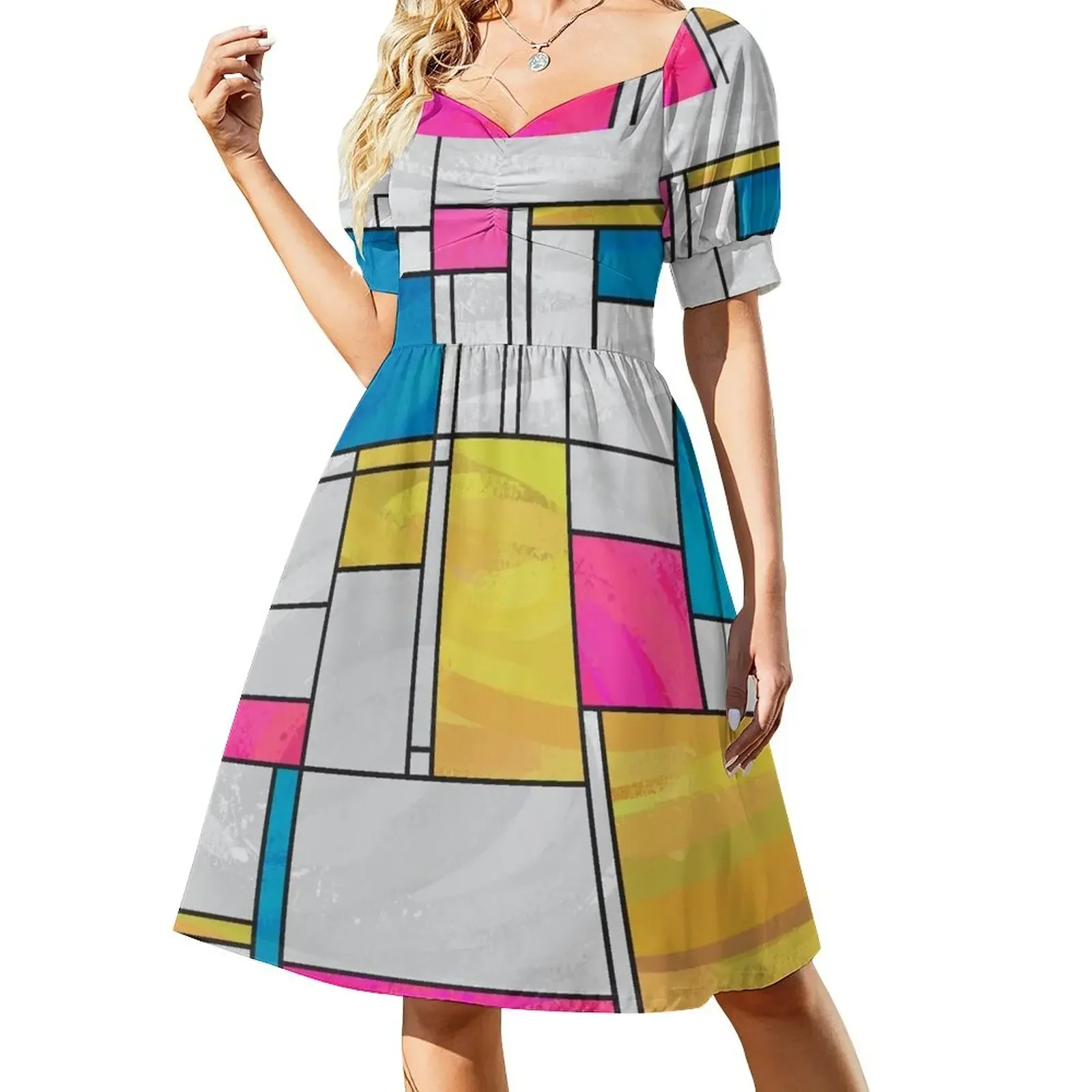 

Classic Mondrian Yellow Pink Blue Short-Sleeved Dress Aesthetic clothing cocktail dresses Evening gown beach dresses Dress