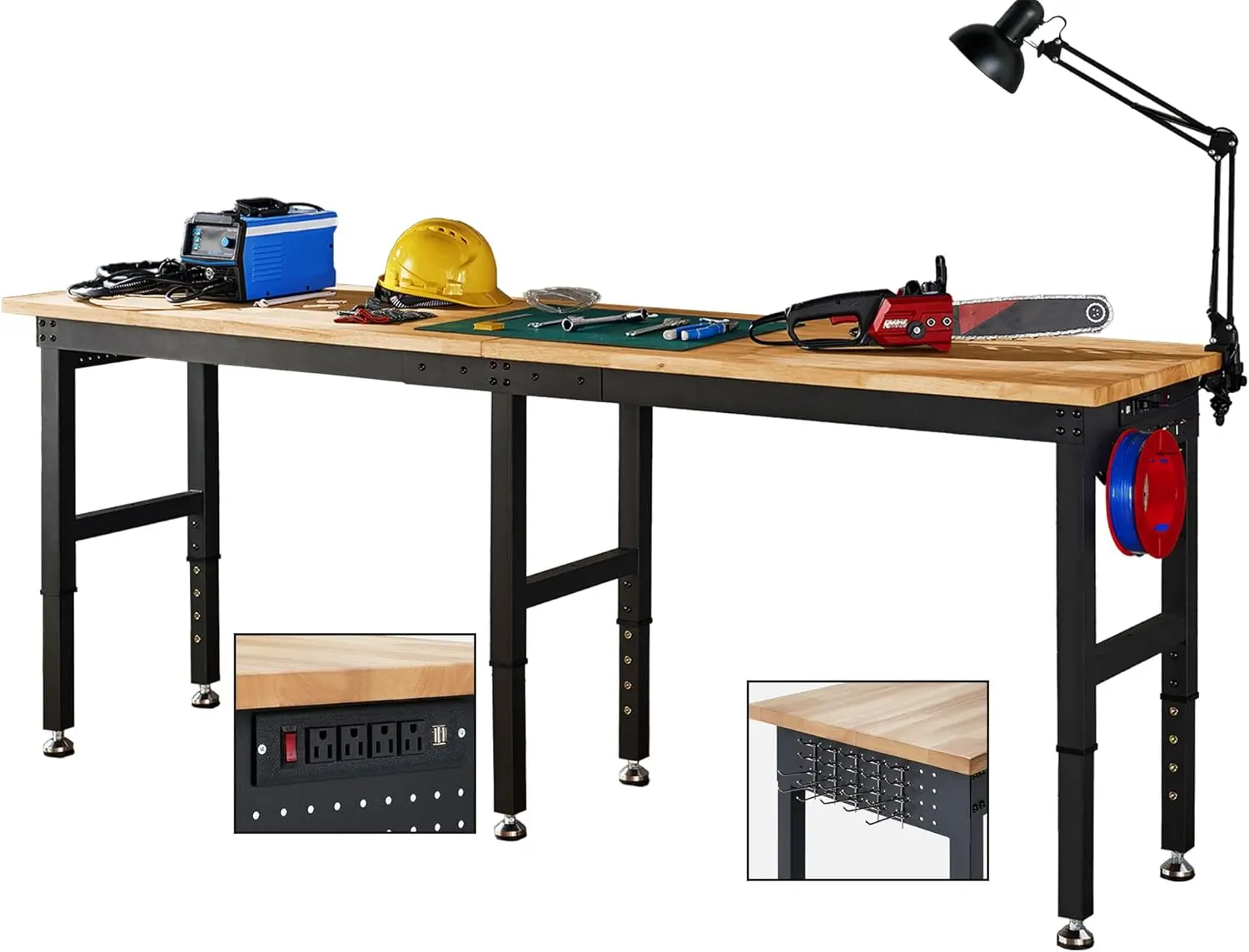 

Albott 96x24“ Adjustable Workbench 28.7-38.6" Height, Rubber Wood Top Heavy Duty Workbench with Power Outlets & Hooks, 5000 LB