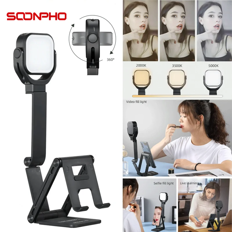 

Soonpho Led Selfie Fill Light with Tripod Cell Phone Holder 3 Color Streaming Video Light for Vlog Conference Live Stream Makeup