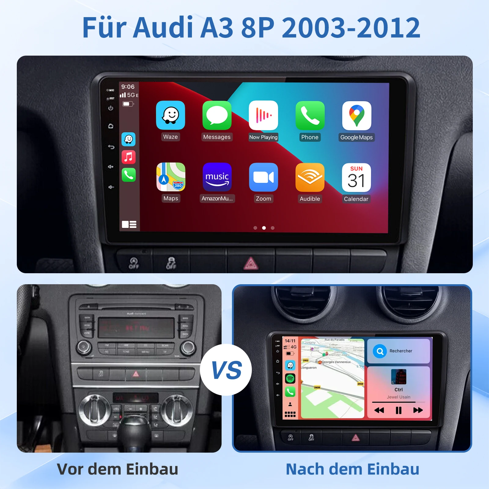 MOPECT Carplay Inalámbrico Android Auto Android 15 4 Núcleos 9 Pulgadas para AUDI A3 8P 2003-2012 Autoradio GPS NAV SWC DAB+ (opcional) 2