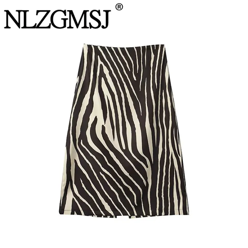 Nlzgmsj 2026 Autumn Fashion Women Zebra Striped Print Midi Skirt Casual Office Elegant Mid‑Calf Skirt For Daily Wear