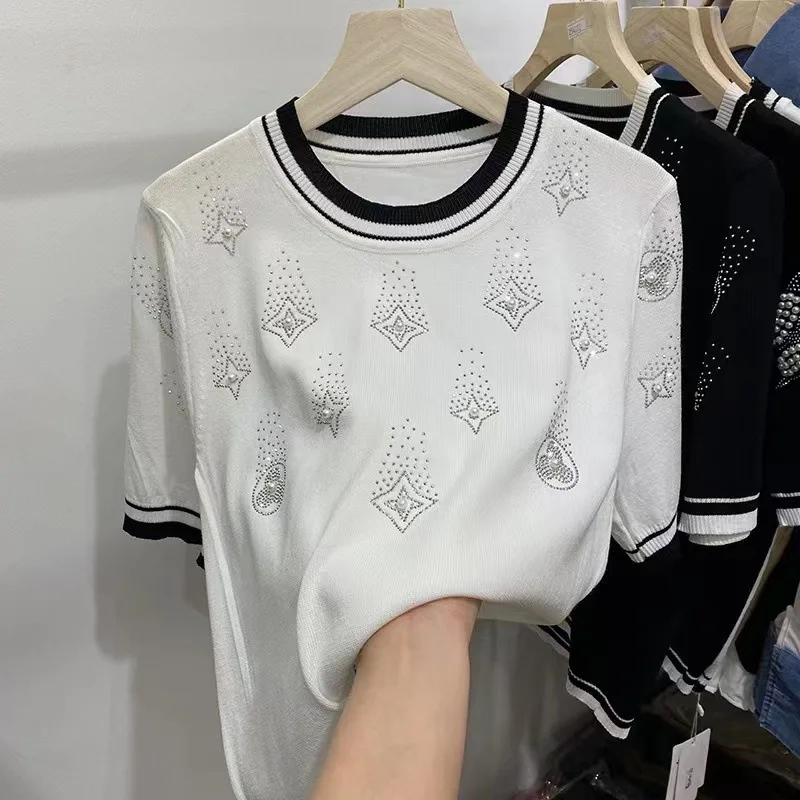 Stylish Sweater For Women Summer 2024 New Fashion Beading Embroidery Short Sleeve Knitwear Tops Elegant Chic Ladies Jumper