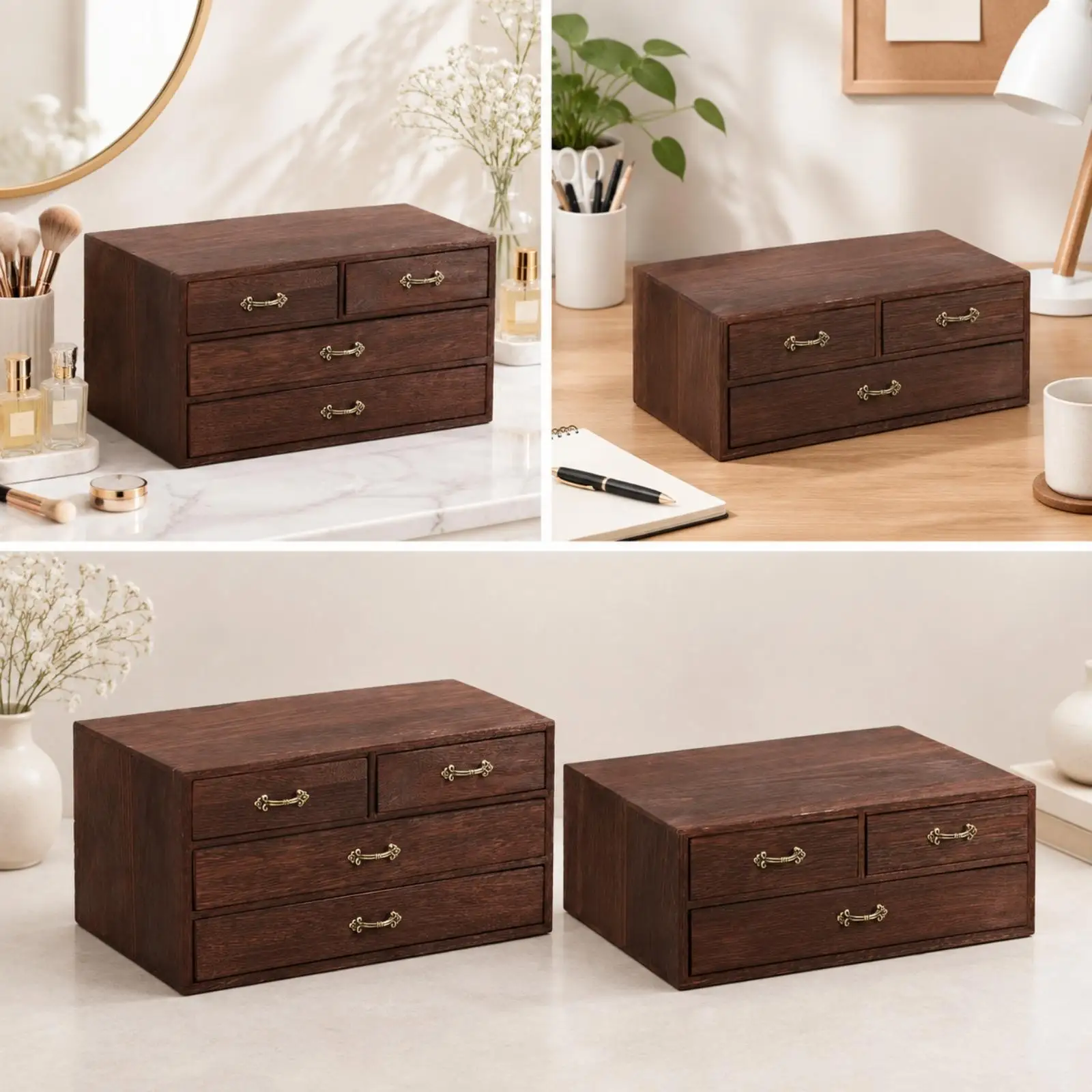 Multi Drawer Solid Wood Storage Unit Retro Finish for Earrings Rings Office Supplies Home Decor
