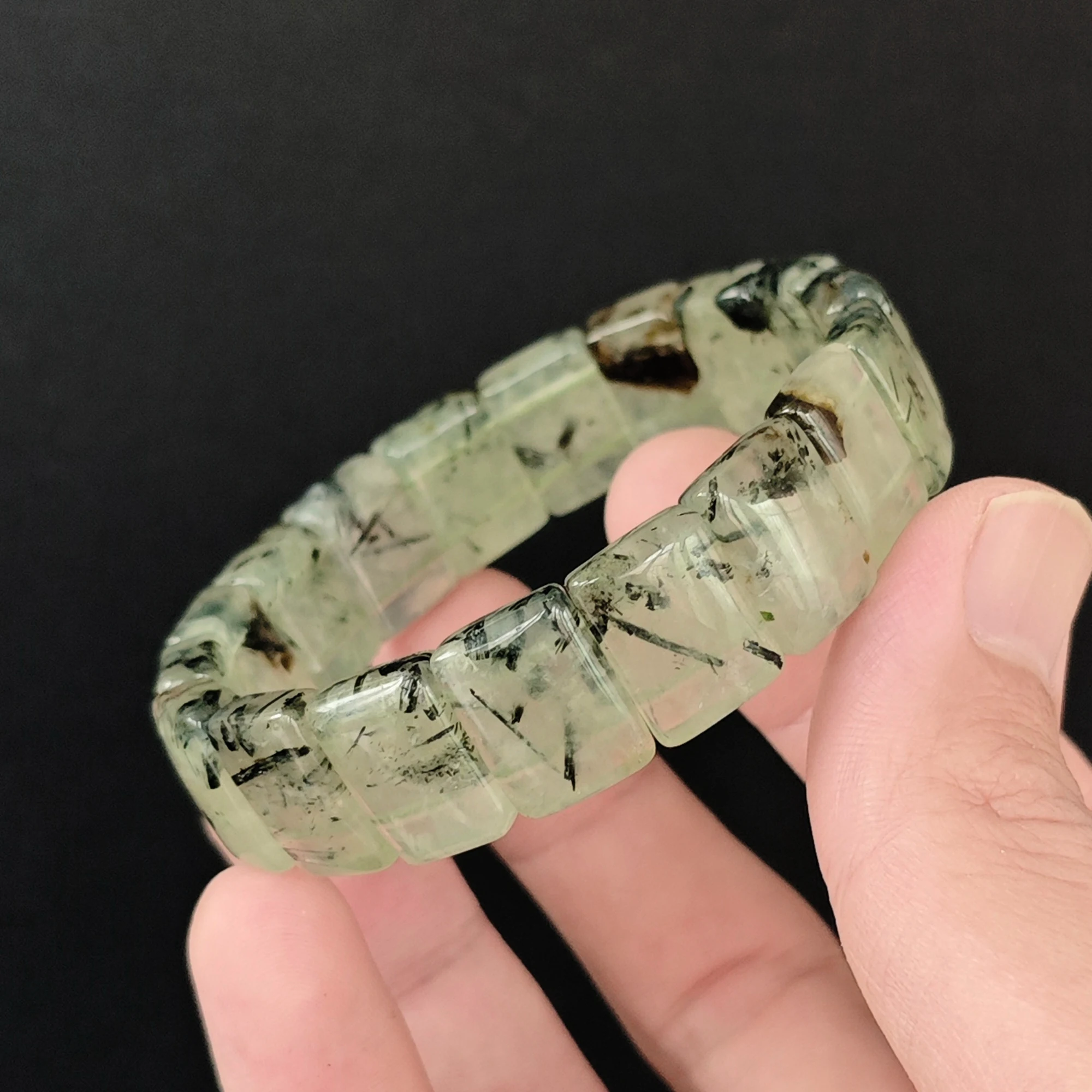 Natural Prehnite Bracelet 16x11mm Black Tourmaline Segment Bangle Flat Rectangle Gemstone Crystal Stretch Gift 16-22cm
