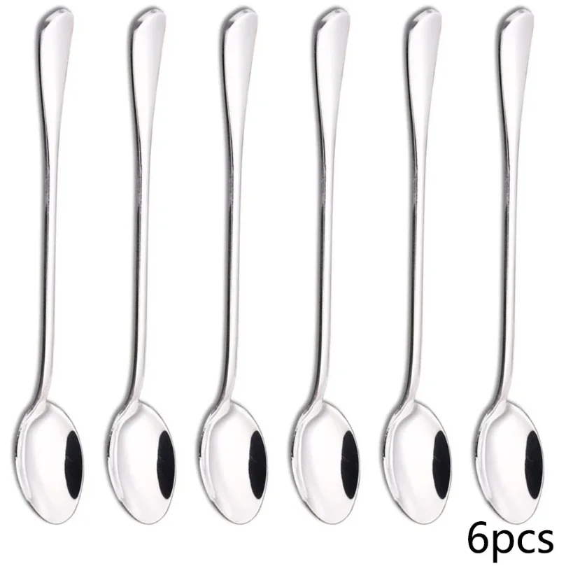 6PC Stainless Steel Coffee Spoon Long Handle Ice Cream Dessert Tea Spoon 19.5x2.8cm For Picnic Drinkware Tableware KitchenSupply