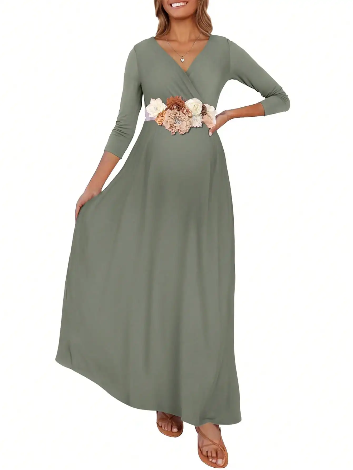 

Sage Green Maternity Maxi Dress with Floral Applique Waist, V-Neck Wrap Style, Half Sleeve