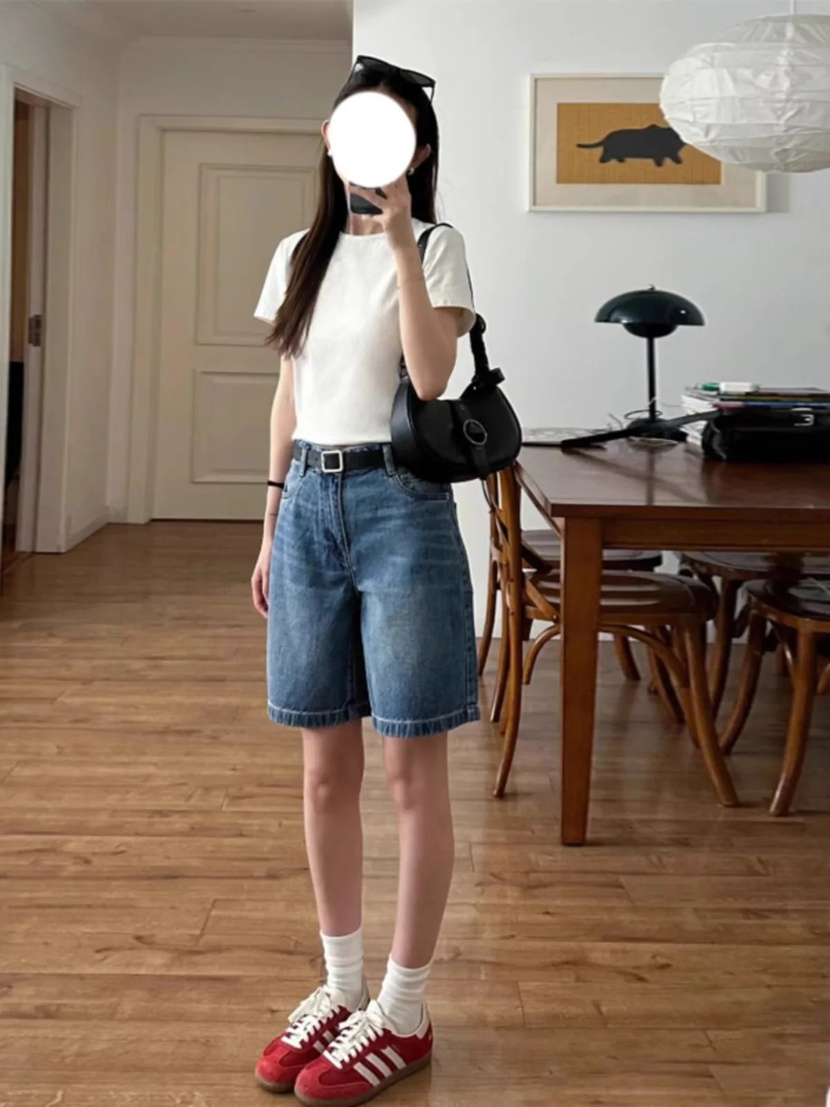 

Retro Blue Denim Five-Quarter Short Shorts Women's Summer Thin High Waist Slim Straight Wide Leg Mid-Pants Cotton Polyester B...