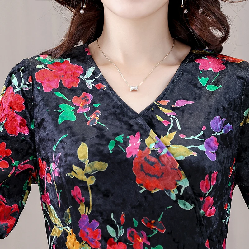 Faionable المخملية طويلة Sve Dr للنساء الأكبر سنا منتصف الخريف جديد Sle العرقية Sle تنورة V Ne فضفاضة تناسب مادة البوليستر #4