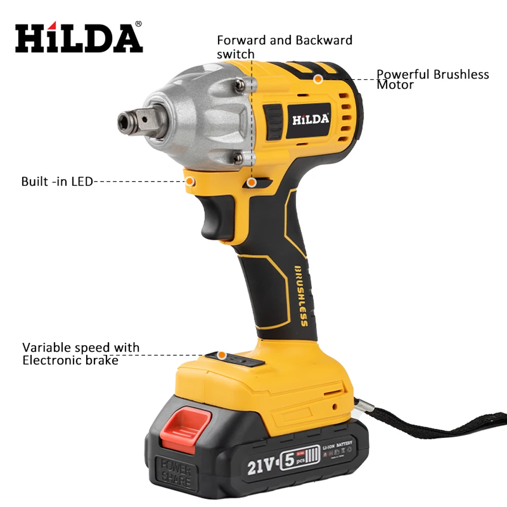 HILDA 21V Brushless Electric Impact Wrench Wireless Charging Key 1/3 Inch Makita Tool Lithium Ion Battery