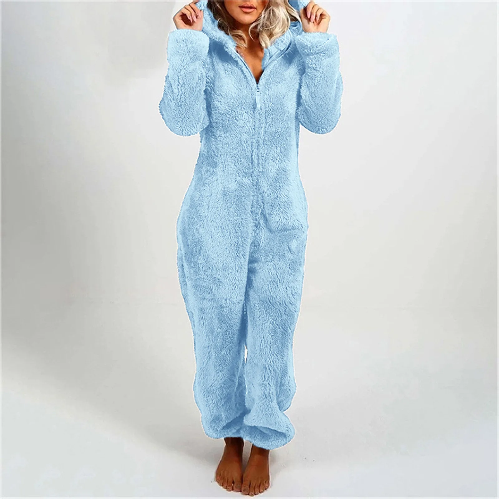 Winter Warm Fluffy Fleece Pajamas Women One Piece Hooded Jumpsuits Sleepwear Nighties Zipper Long Sleeve Home Romper Pajama