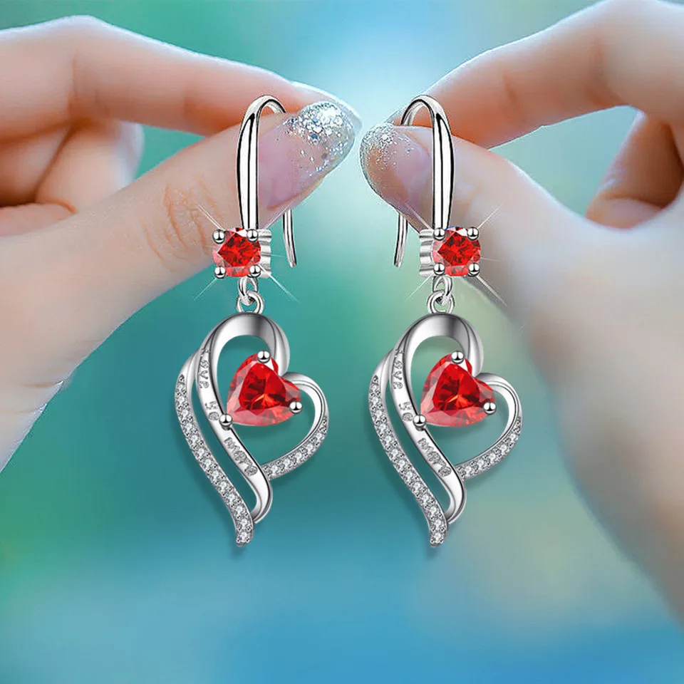Korean Heart Drop Earrings For Women Silver Color Blue Yellow Red Green Pink Zircon Valentine Dangle Earring Mothers Day Jewelry