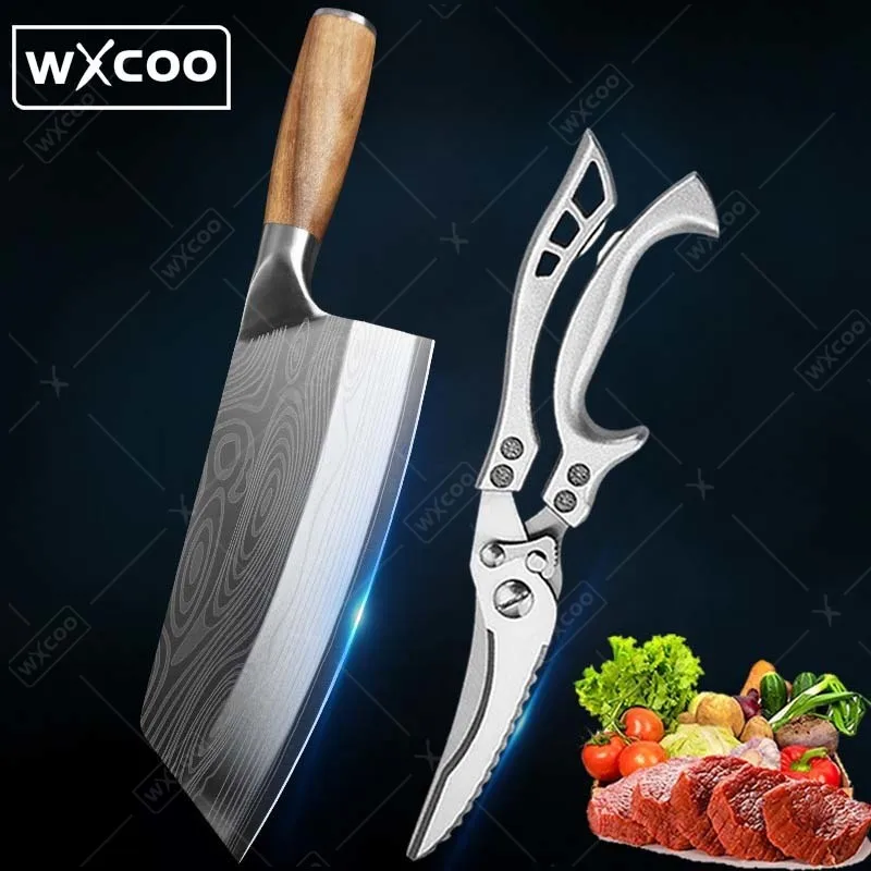 

2pcs Kitchen Scissors Chicken Bone Scissors Sharp Kitchen Knife Stainless Steel Chef Knife Meat Cleaver Butcher Knife