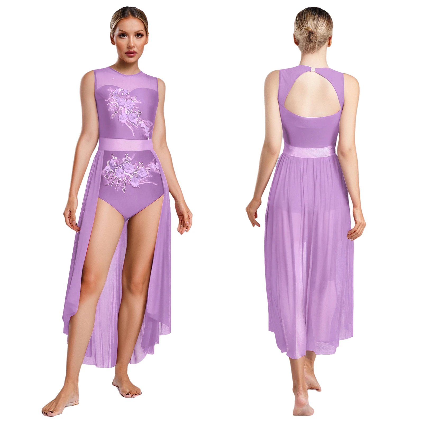 

Women Lyrical Dance Dress Contemporary Flowing Dress Three-Dimensional Applique Flower Embroidery Cutout Back with Clasp Costume