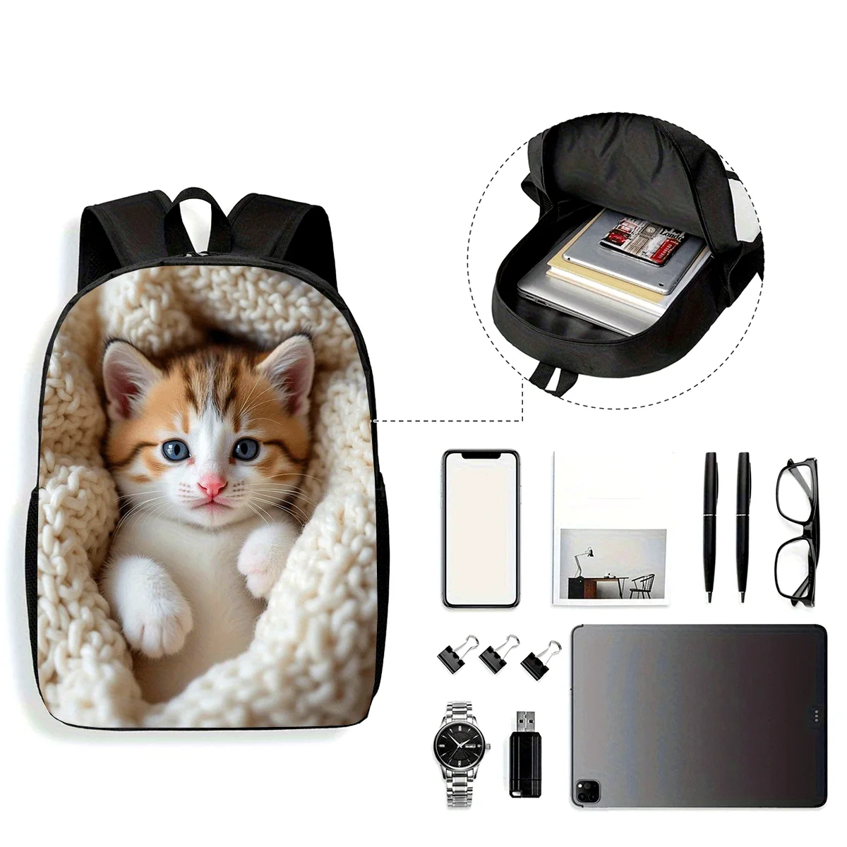 

1Pc, Kitten Backpack, Large Capacity 17 Inch Casual Backpack Laptop Bag with Water Bottle Holder - Lightweight Durable