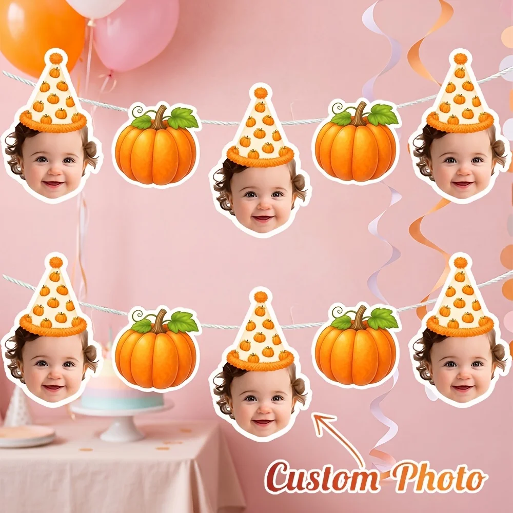 Custom Face Photo Pumpkin Theme Party Banner, Personalized Face Photo Cutout Bunting Flag, Fall Themed Birthday Party Decoration