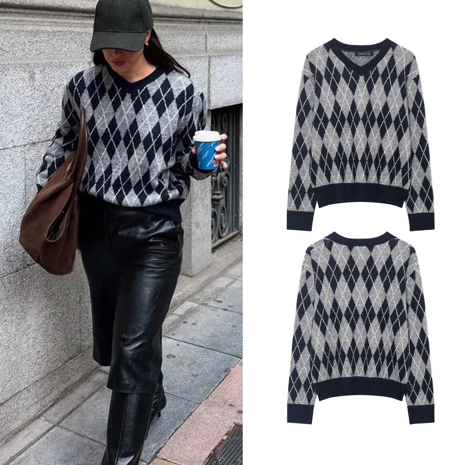 

Women Spring Autumn Vintage Argyle Knit Sweaters Female V-Neck Long Sleeve Loose Tops Fashion Lady Thick Warm Casual Pollovers
