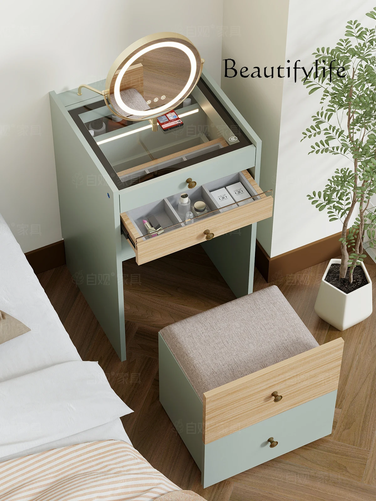 Nordic Cream Style Solid Wood Integrated Glass Table Jewelry Cabinet