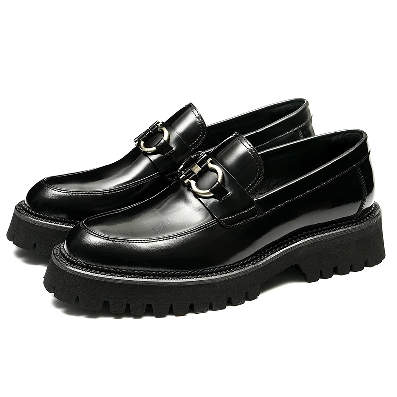 Punk Loafers Men\'s Business Shoes Thick Soles Round Toe Genuine Leather Causual Shoe Height Increase British Style Big Head Shoe