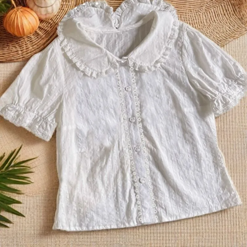 

Lolita Japanese Short Sleeve Blouse Women Casual Shirt Bodycon Button Solid Lace Patchwork Y2k Ruffled Collar Spring Summer
