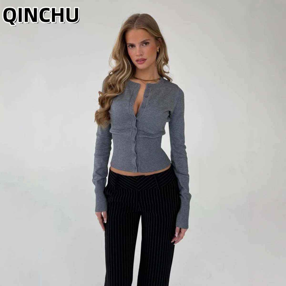 

QINCHU Knitted Long-sleeved Cardigan Women' S Clothes Slim-fit Knitted Bottoming Sweater Woman Clothing 2026