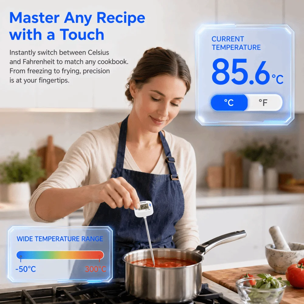 Stainless Steel Probe Digital Food Thermometer White LCD Display Meat Liquid and Food Long Probe Celsius Fahrenheit Switch