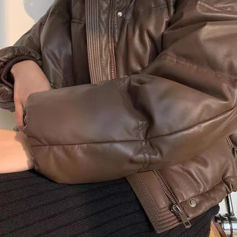 Women Leather Down Jacket Winter 2023 High End Genuine Sheepskin Down Coat Outdoor Thicked Warm Short Puffer Jacket Streetwear