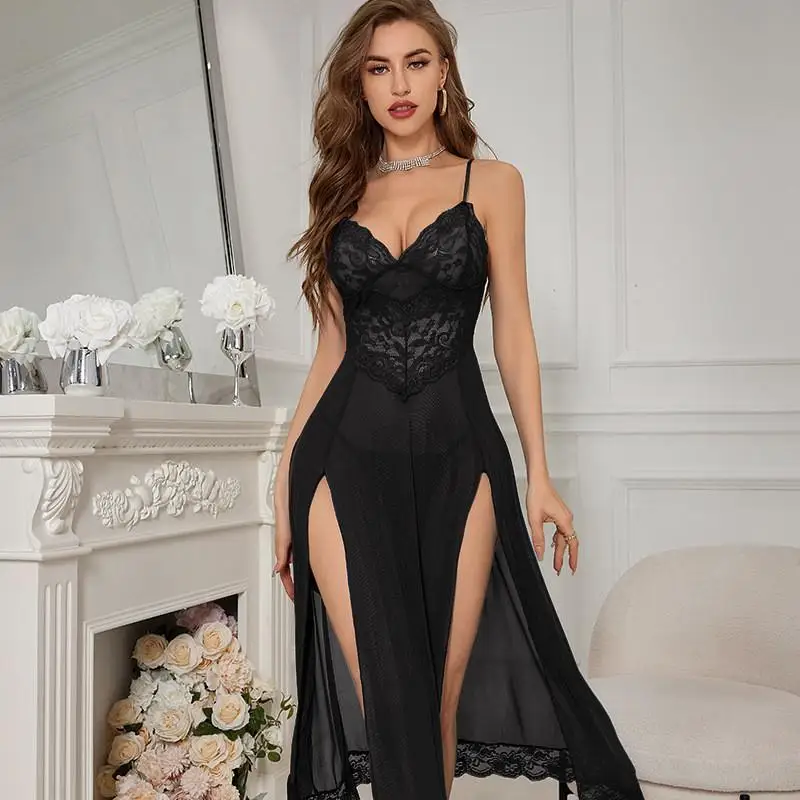 

Sexy Women's Lingerie Long Slit Nightgown Susp Strap V-Ne Long Dr Net Fabric Home Clothes for Young Women