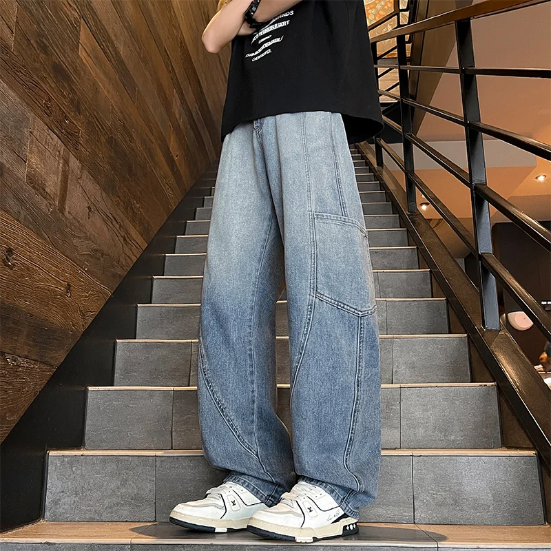 

Men's Spliced ​​jeans Fashion Straight Loose Casual Pants Korean Fashion Elastic Waist Loose Denim Trousers Vintage Streetwear