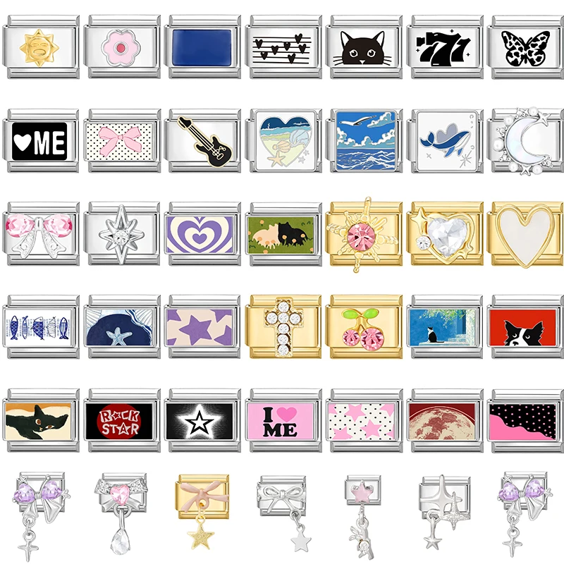 Wholesale Black Cat Dog Purple Heart Zircon Cherry Star Italian Charm Link Fit 9mm Stainless Steel Bracelet DIY Making Gift