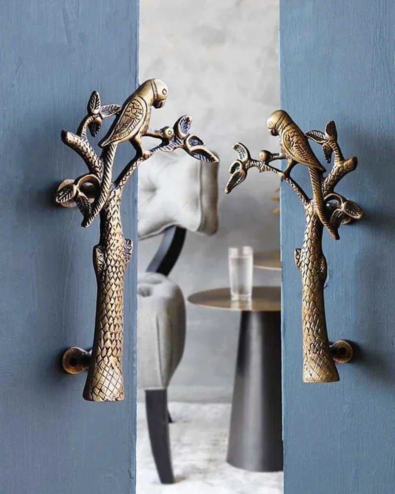 Brass Handmade Indoor Outdoor Woden Glass Door Handles for Interior Doors Barn Door Handles Branch Parrot