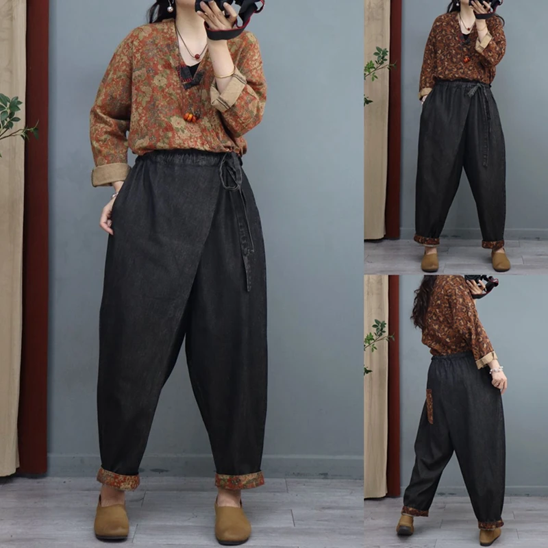 

Джинсовый комбинезон из хлопка и льна с ретро-принтом, женские свободные длинные брюки с косым воротником для похудения, осенние джинсы с высокой талией