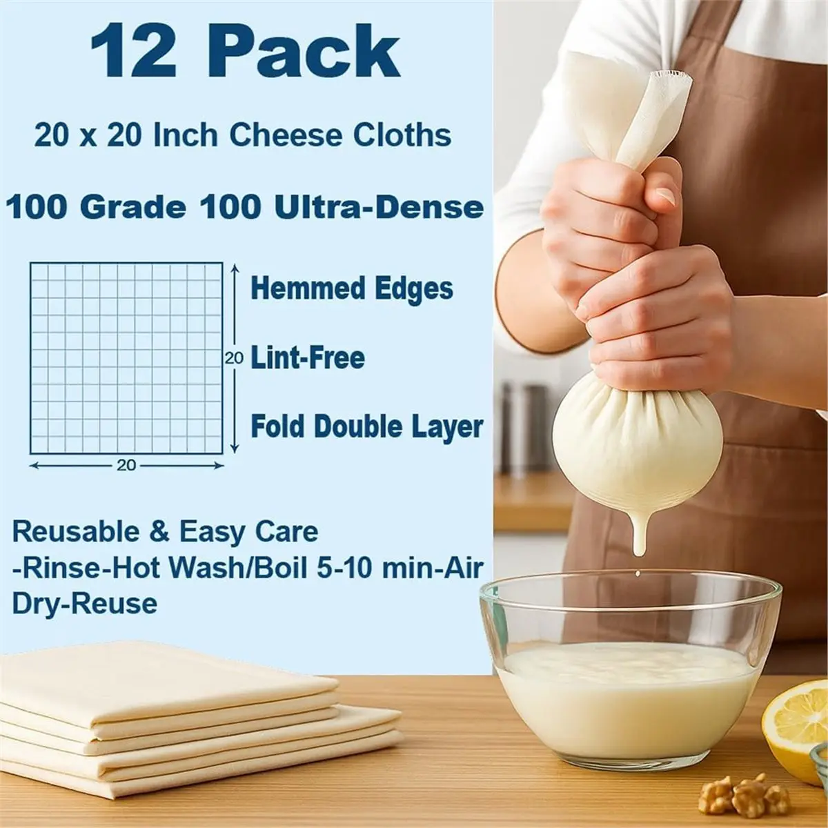 BAAQ 12 Pcs Cheesecloth for Straining 20x20 Inch - Reusable Grade 100 Muslin Cloth, 100% Unbleached Cotton with Hemmed Edges