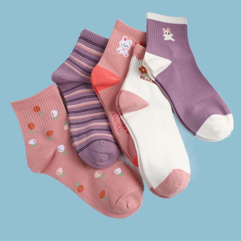 

5/10 Pairs High Quality Women's Pink Cute Middle Tube Socks Versatile Student Socks Casual Sports Mid-cut Socks Cotton Socks