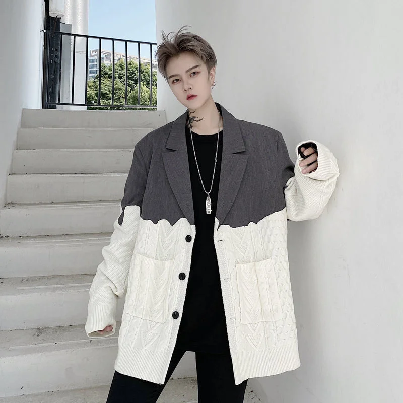 

Autumn 2022 Single Breasted Stitched Knitted Woolen Men's Mid Length Suit Coat Contrast Color Patchwork Light Luxury Blazer